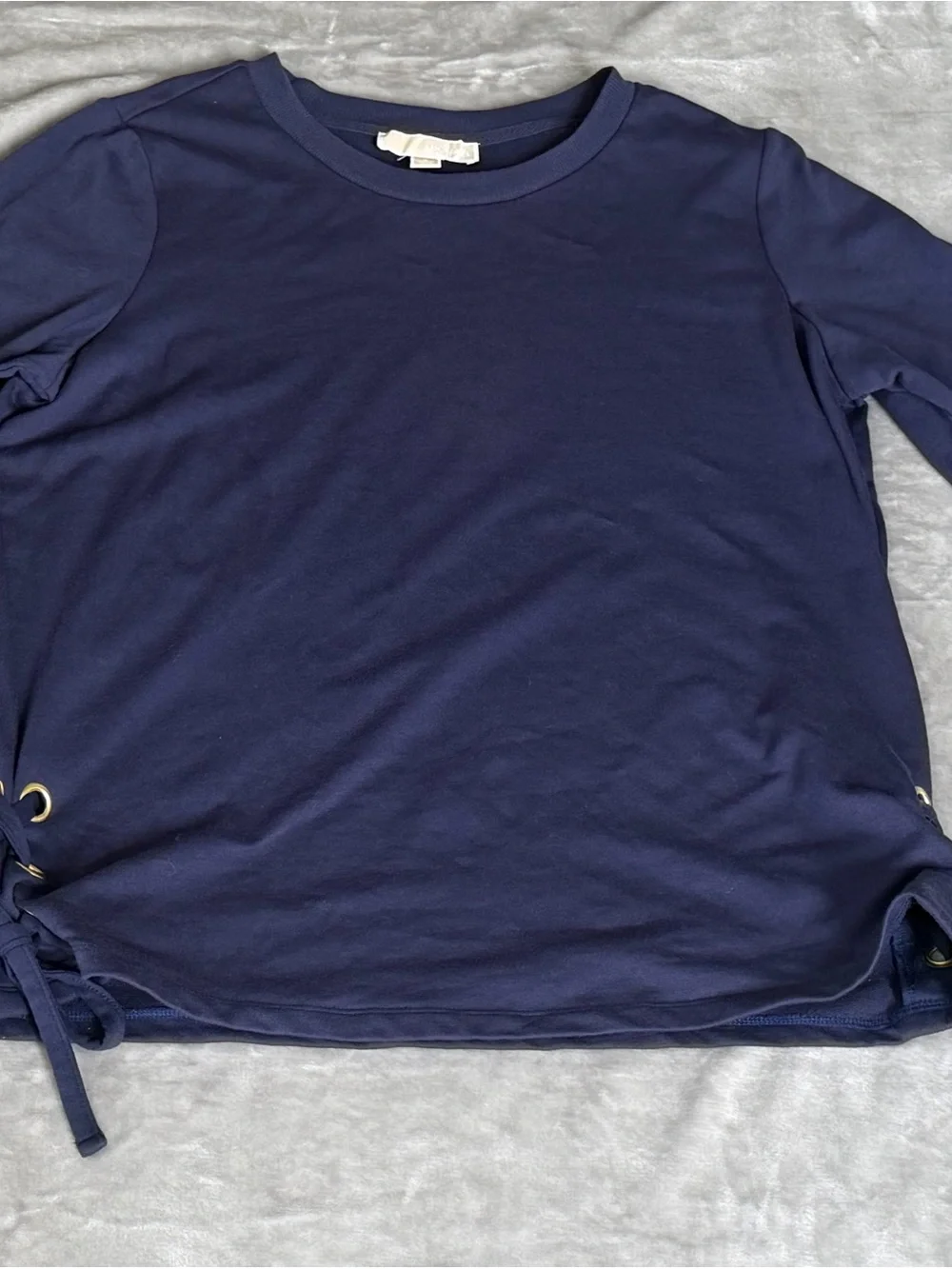 Michael Kors Lace Up Sweatshirt Women’s Size Large Navy Blue Gold Grommet NEW